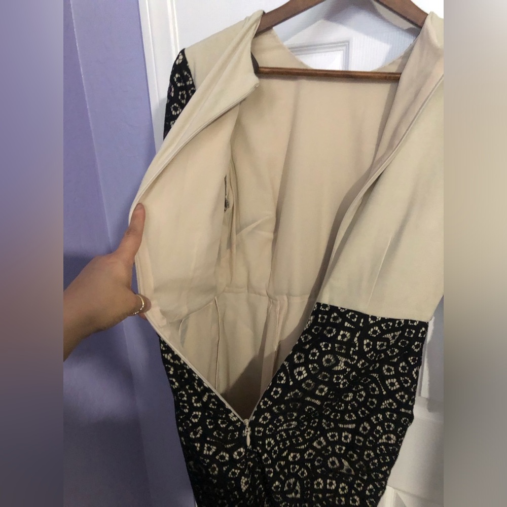 BCBGMaxAzria Black Lace Overlay on Cream Long-Sleeve Dress - Picture 9 of 12